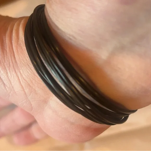 NWOT Silver and Black leather adjustable bracelet with green crystal accents. - Picture 5 of 7